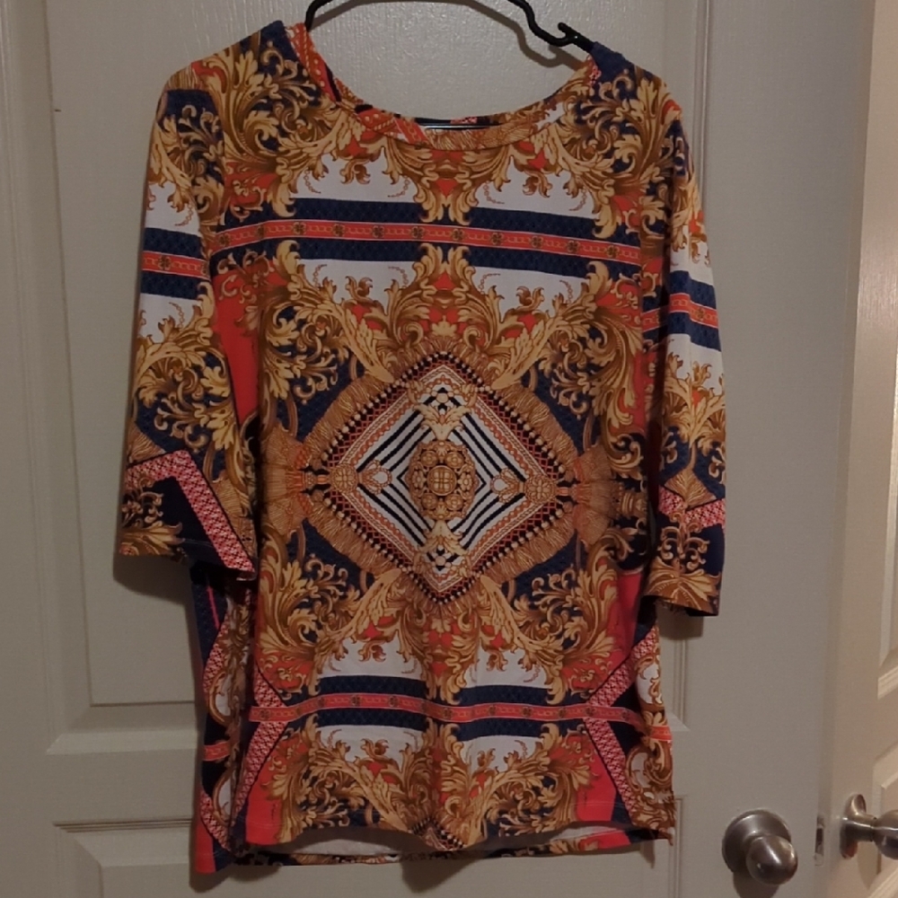 Tyler Boe Baroque Print Blouse in Red, Gold, and Blue